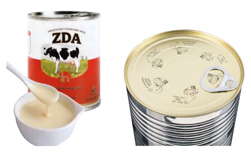 ZDA sweetened condensed milk can with a bowl of condensed milk and an easy-open lid