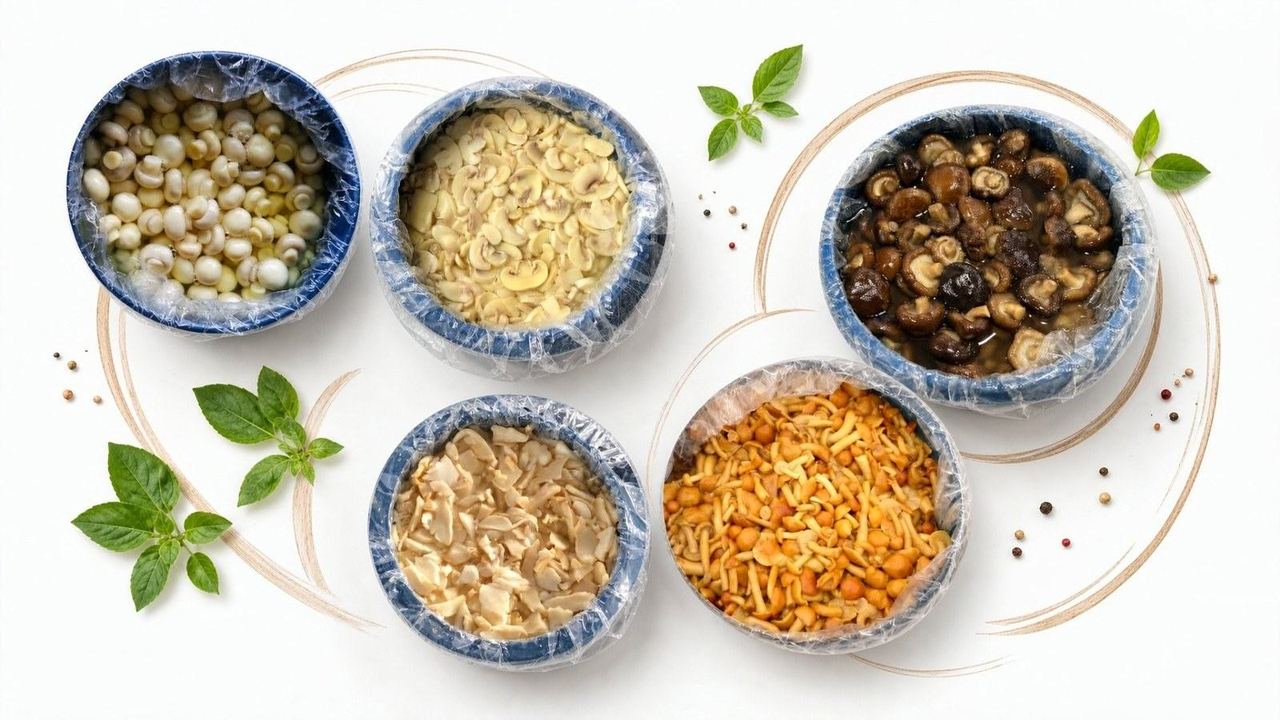 Dried mushrooms, sliced button mushrooms and soup ingredients in bulk packs