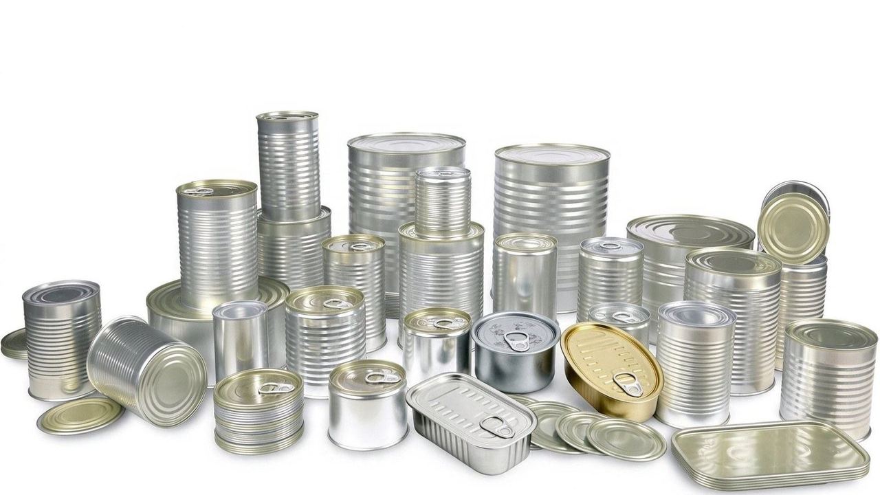 Empty tinplate food cans, ends and lids in assorted sizes