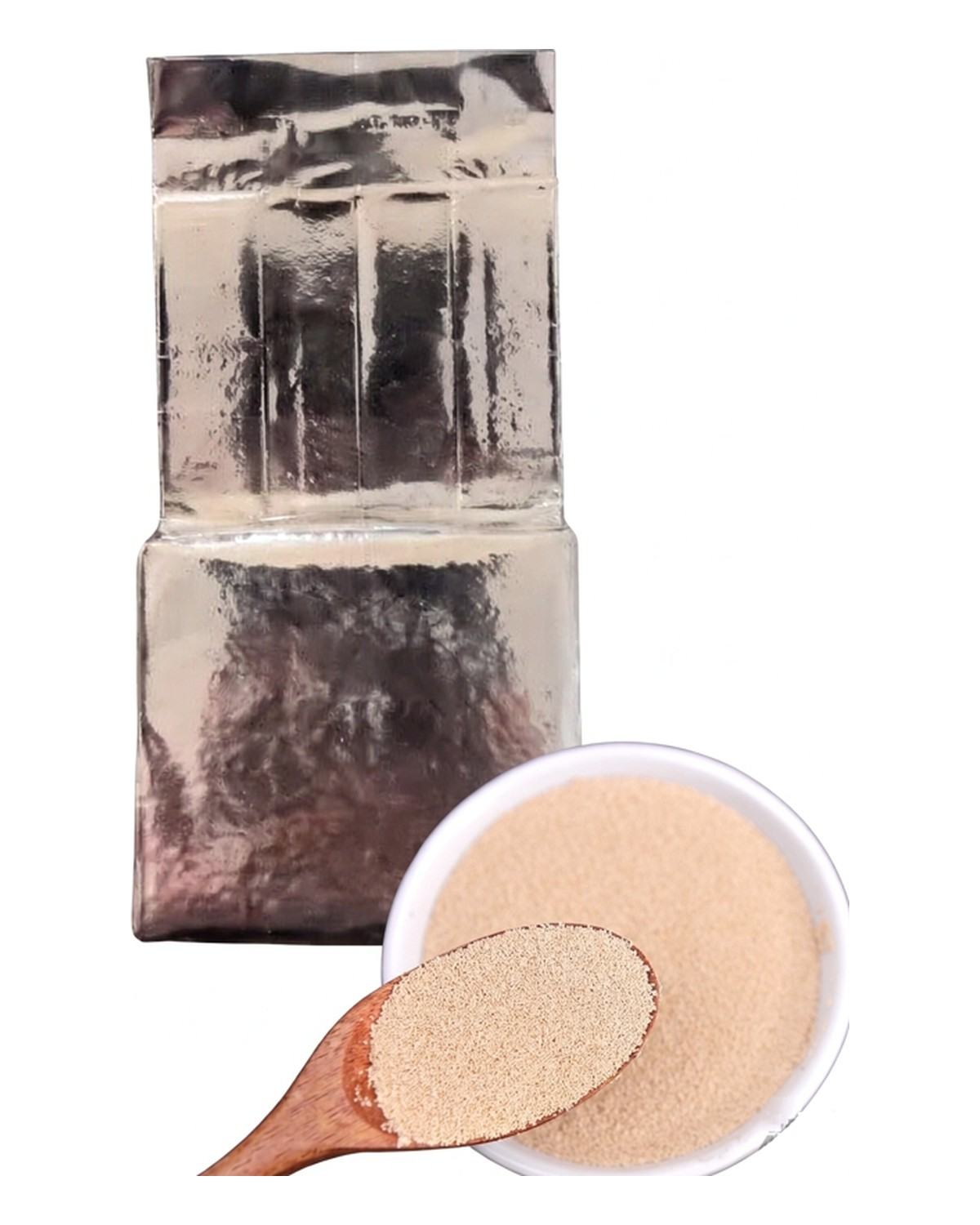 ZDA instant dry yeast in OEM-branded foil bags with a bowl and spoon of active dry yeast