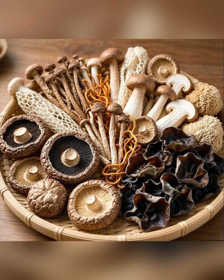 Basket of dried shiitake, straw, lion's mane and wood ear mushrooms
