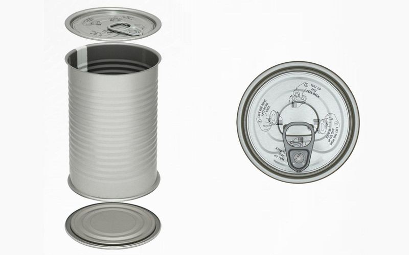Tinplate three-piece can shown with its easy open end and bottom end